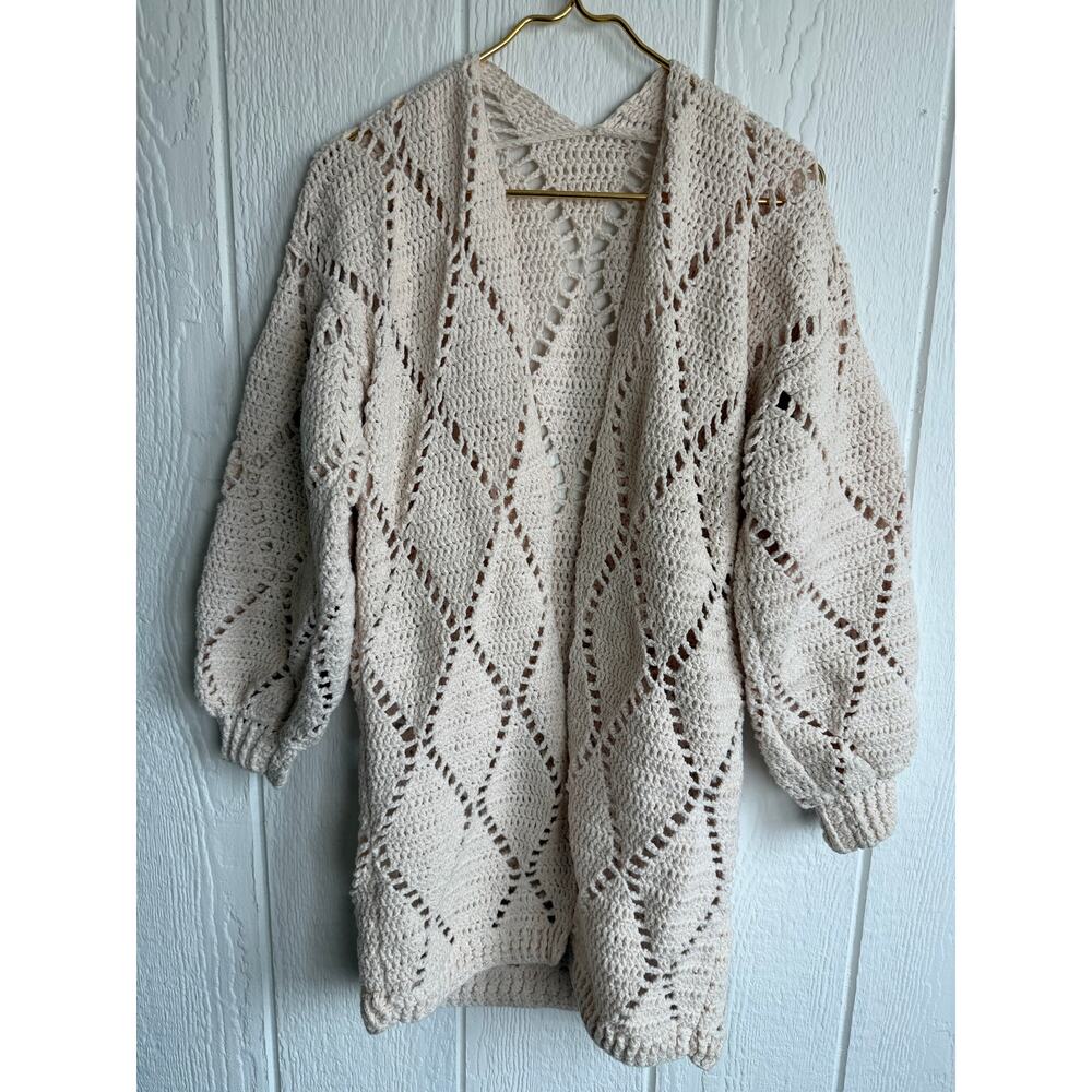Vintage Hand Crochet Boho Cardigan Cream Open Knit Balloon Sleeve
